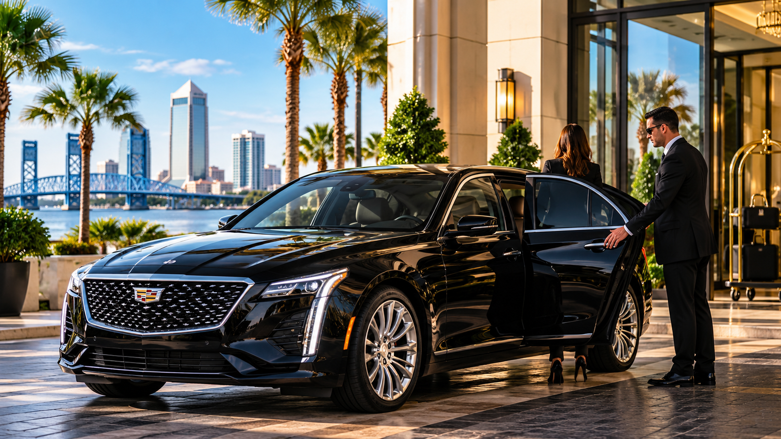 Black luxury sedan with professional chauffeur for private transportation in Jacksonville, Florida